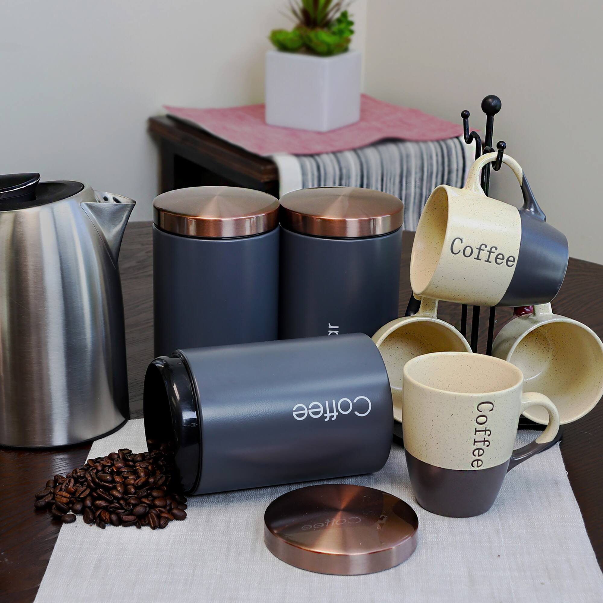 MegaChef Essential Kitchen Storage Matte Gray 3 Piece Sugar, Coffee & Tea Canister Set